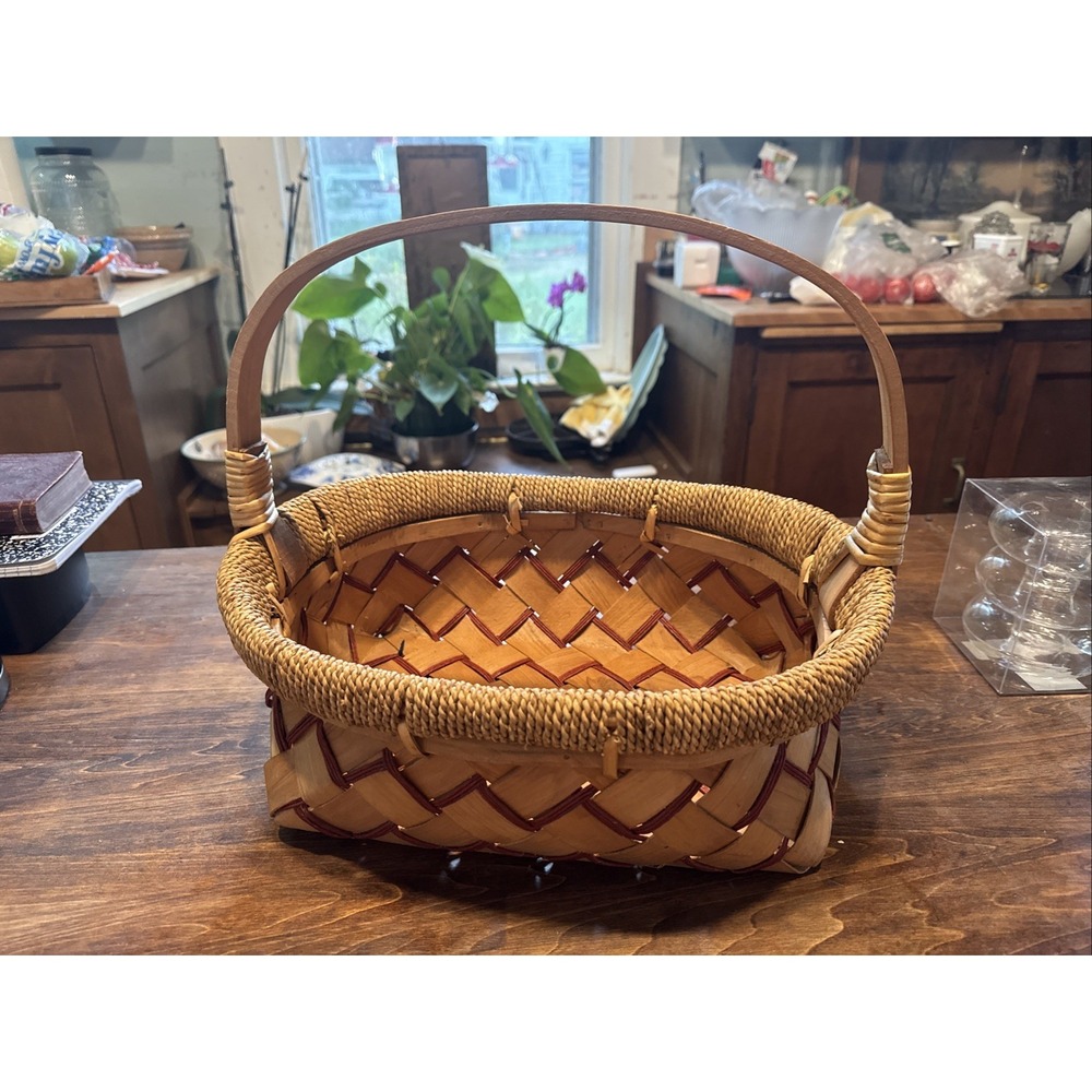 Vintage Warm Two Tone Wooden Woven Basket Handle Farmhouse Boho 15 X 12
